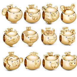 Yellow Gold plated Zodiac Signs Charm Pandoras 925 Sterling Silver Animal Portrait Charms Bracelet Making Beads charm Necklace Pendant with Original Box Set