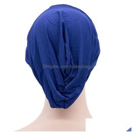 Beanie/Skull Caps Women Lady Stretchy Turban Cross Beanie Hat Head Wrap Solid Colour Bandana Caps Headwear Fashion Accessories Drop Del Dhrmx