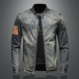 Vintage-Mode-All-Match-Jeansjacke, Trend, hübscher, lässiger Herren-Persönlichkeits-Stehkragen-Reißverschluss-Denim-Top 240314