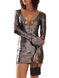 Casual Dresses Women Sequin Long Sleeve Mini Cutout Drawstrings Short Dress Cocktail Party Club Going Out