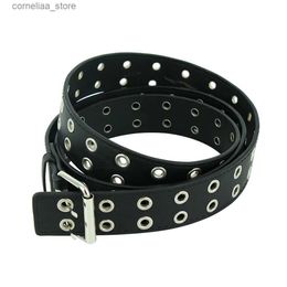 Belts Fashionable womens punk chain with adjustable black double hole eyelet loop metal buckle leather mens jeans beltY240316