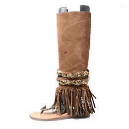 Casual Shoes Runway Cow Suede Hollow Out Tassel Flat Gladiator Sandals Women Fashion Summer Long Boots Wedge Sandalias Plus Size 34-41 Khaki