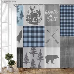 Shower Curtains Cabin Shower Curtains Retro Rustic Lodge Bear Moose Deer Elk Wolf Forest Adventure Awaits Buffalo Plaid Bathroom Decor Set Hooks Y240316