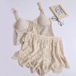 Women's Tracksuits Fashion Ladies Hollow Crochet Lace Beach Sexy Shorts Solid Two Piece Set 2024 Summer Women Retro Swimming Suit