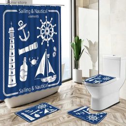 Shower Curtains Cartoon Nautical Theme Shower Curtain Anchor Lighthouse Design Child Bathroom Decor Non-Slip Carpet Toilet Cover Floor Mat Set Y240316