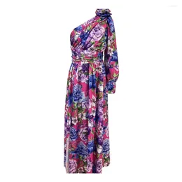 Casual Dresses Off-shoulder Evening Gown Elegant One Shoulder Floral Print Maxi Dress With Side Split Hem Pleated Detail For Parties