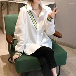 Women's Blouses 2024 Casual Striped Spliced Shirt Spring Autumn Long Sleeve Streetwear Stylish Single-breasted Female Clothing Polo-Neck