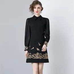 Casual Dresses High Quality Vintage Embroidery Short For Women Spring Lantern Sleeve Simple Loose Black Mini Dress Female