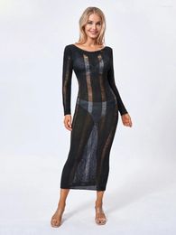 Casual Dresses Yoawdats Women Bodycon Dress See Through Solid Colour Sexy Hollow Out Long Sleeve Backless Sheer Y2K Party Maxi