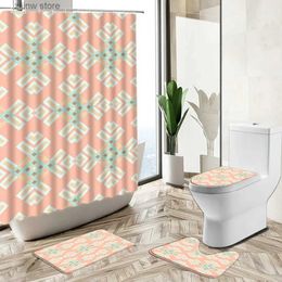 Shower Curtains Modern Geometric Shower Curtain Abstract Pattern Kid Bathroom Set Pink Yellow Green Design Non-Slip Carpet Toilet Cover Foot Mat Y240316