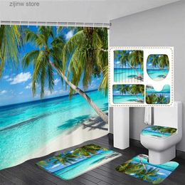 Shower Curtains Beach Landscape Shower Curtain Set Coconut Trees Hawaiian Ocean Scenery Bathroom Decor Non-Slip Rug Bath Mats Toilet Lid Cover Y240316