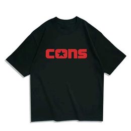 Men's Casual Shirts CONS Mens Womens Cotton T-shirt Summer American Black Round Neck Short-sled Tops Loose Solid Colour Printing Basic T-shirtC24315