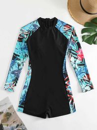 Women's Swimwear 2023 Print Flower Long Sle One Piece Swimsuit Summer Beach Bathing Suits Women Swimwear with Zipper Fe Monokini Bikini XLC24315