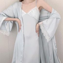 Women's Sleepwear Long Bathrobe Lace Patchwork Spring Nighty&robe Set French Style Nightgown Lady Elegant Nightwear Loungewear