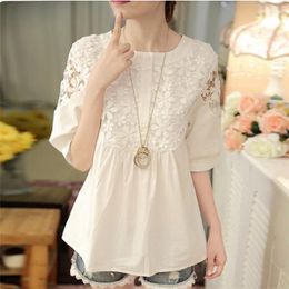 Women's Blouses Chiffon Woman Shirts Summer 2024 Solid Loose Short Sleeves Lace Patchwork White Top O-neck Ladies Clothing YCMYUNYAN