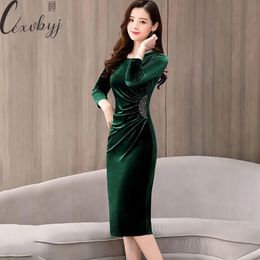 Elegant Sequin Velvet Dres Spring Autumn Long Sleeve Bodycon Dress Plus Size Vintage Party Slim Wasit Midi Vestidos 240306