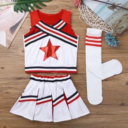 Kids Girls Cheerleader Carnival Stage Dance Costumes Cheerleading Outfit Red Star Applique Tops with Skirt Socks Dancewear Set 240305