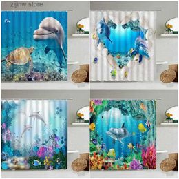 Shower Curtains Ocean Dolphin Shower Curtains Sea Turtle Tropical Fish Coral Shell Undersea Cave Landscape Cartoon Bathroom Curtain Home Decor Y240316