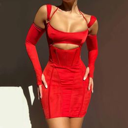 Autumn sexy suspender tight dress fashion backless perspective long sleeve hip wrap skirt women dress 240329