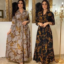Casual Dresses Fashion French Elegant For Women Summer Retro Print Muslim Dubai Abaya Lapel Single-Breasted Long Sleeve Shirt Dress 427
