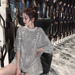 Men's T-Shirts Spring and Summer Mid-length BF Style Loose Half-sleeve Sequin Heavy Industry T-shirt Shiny Dress Q240316