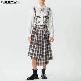 Overalls 2023 Männer unregelmäßige Röcke Overalls Plaid Fleuled Hollow Out Persönlichkeit Männliche Rompers Streetwear Fashion Casual Rocks Incerun