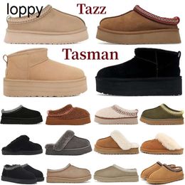 2023 Tasman Tazz Pantofole Stivali Scivoli in pelliccia di castagno Pelle di pecora Shearling Muli Donna Uomo Ultra Mini Platform Boot Slip-on Scarpe in pelle scamosciata Comfort Autunno Inverno Booist 35-42