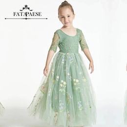 FATAPAESE FLORAL EMBROIDERED TULLE LACE GIRL DRESS IN SAGE Scalloped Edges Tulle Skirt Junior Bridesmaid Gown 240313