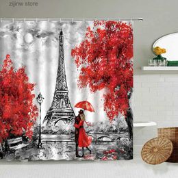 Shower Curtains Romantic Paris Street View Shower Curtain Retro Tower Flower Couple Painting Art Bathroom Waterproof Curtains Home Decoration Y240316