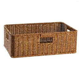 Kitchen Storage Wicker Basket Rattan Woven Shelf Stackable Organiser With Handle Dark Brown Small