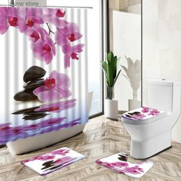 Shower Curtains Zen Shower Curtain Orchid Green Bamboo Stone Water Reflection Spa Home Decor Non-Slip Carpet Toilet Cover Bath Mat Washable Set Y240316