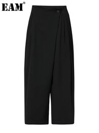 EAM High Waist Black Pleated Irregular Long Wide Leg Trousers Loose Fit Pant Fashion Spring Autumn 2024 1DB40001 240309