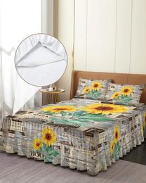 Bed Skirt Sunflower Vintage Spaper Wood Grain Elastic Fitted Bedspread With Pillowcases Mattress Cover Bedding Set Sheet