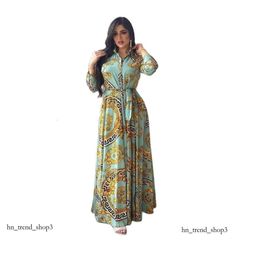 Ethnic Clothing Fashion French Elegant Maxi Dresses for Women Retro Print Muslim Dubai Abaya Lapel Single-breasted Long Sleeve Shirt Dress 422