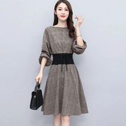 Casual Dresses O-Neck Vintage Patchwork Pullover Autumn Winter Lace-up Waist A-line Dress 2024 Women Loose Long Sleeved