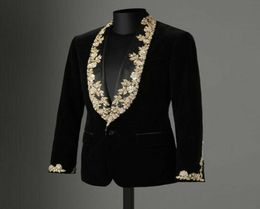 High Quality Black Velvet Men Suit Gold Lace Applique Shawl Lapel Slim Men Blazer Formal Suit Custom Size Only Jacket2051276