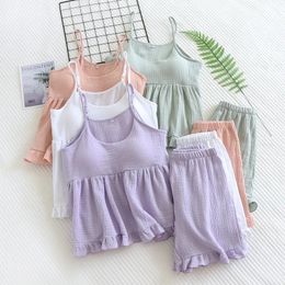 Summer womens pajamas two-piece set with chest pad suspender shorts 100%cotton small fresh sexy thin homewear set plus size 240309
