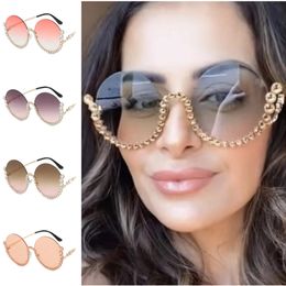 NEW Sunglasses Women Semi-Rimless Sun Glasses Diamonds Adumbral Anti-UV Spectacles Round Lens Eyeglasses Alloy Temples Ornamental