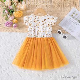 Clothing Sets Dress For Kids 4-7 Years old Birthday Short Sleeve Cute Floral Yellow Tulle Bow Princess Formal Dresses Ootd For Baby Girl