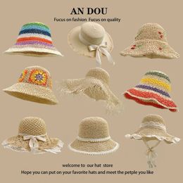 Spring Summer Korean Sweet Big Brim Straw Sun Hat Women Seaside Sunshade Sunscreen Bucket Basin 240309