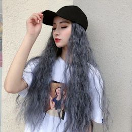 Ball Caps Summer Womens Black Baseball Hat With Gray Wavy Long Curly Hair Set