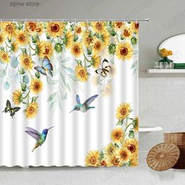 Shower Curtains Floral Sunflower Shower Curtains for Bathroom Decor Yellow Flowers Butterfly Hummingbird Green Leaves Autumn Home Wall Hanging Y240316