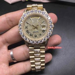 Prong Set Diamond Man's Watches Gold Diamond Face Watch Stainless Steel Middle Row Diamond Watch Automatic Mechanical Fashion196U