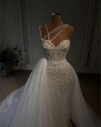 2024 New Mermaid Wedding Dresses Sexy Spaghetti Straps Beads Appliques Lace Bridal Gowns Custom Made Lace-Up Back Detachable Train Vestidos De Novia 001