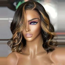 Ombre Highlight Wig Brown Honey Blonde Coloured wavy bob HD Whole Lace Front Human Hair Wigs Straight Full 360 Frontal Remy side part 180%