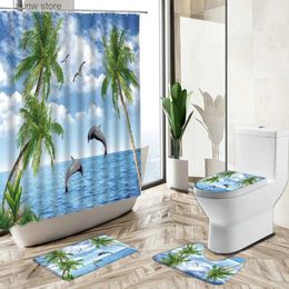 Shower Curtains Ocean Tropical Green Plant Scenery Shower Curtain Palm Tung Tree Dolphin Summer Beach Scenery Rug Toilet Cover Bathroom Deco Set Y240316