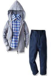 26 Years Suit For Boy Kids Clothes Toddler Boy Outfits Grey Hooded Coat Plaid Shirt Blue Pants Autumn Costume Children2876793