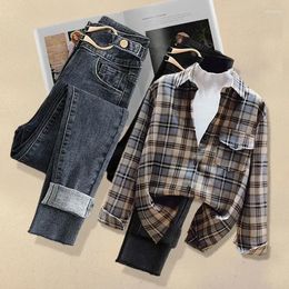 Women's Two Piece Pants Spring And Autumn Suit 2024 Korean Style Western-style Plaid Shirt Slim Jeans Elegant Two-piece Set