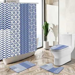 Shower Curtains Striped Shower Curtains Modern Abstract Pattern Blue Pink Design Bathroom Non-Slip Carpet Toilet Cover Floor Mat Sets Washable Y240316