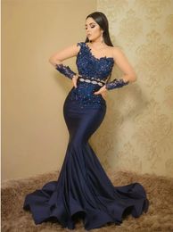 Aso Ebi Navy Blue Mermaid Prom Dresses 3D Floral Appliques Slim Fit Beaded Long Sleeves Illusion Sexy Pagenat Dress For Black Girls Afrian Arabic Evening Birthday